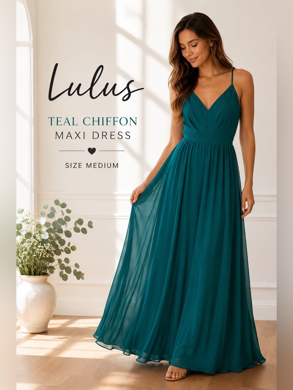 Lulus Teal Chiffon Maxi Dress Women’s Medium Formal Bridesmaid Prom Adjustable